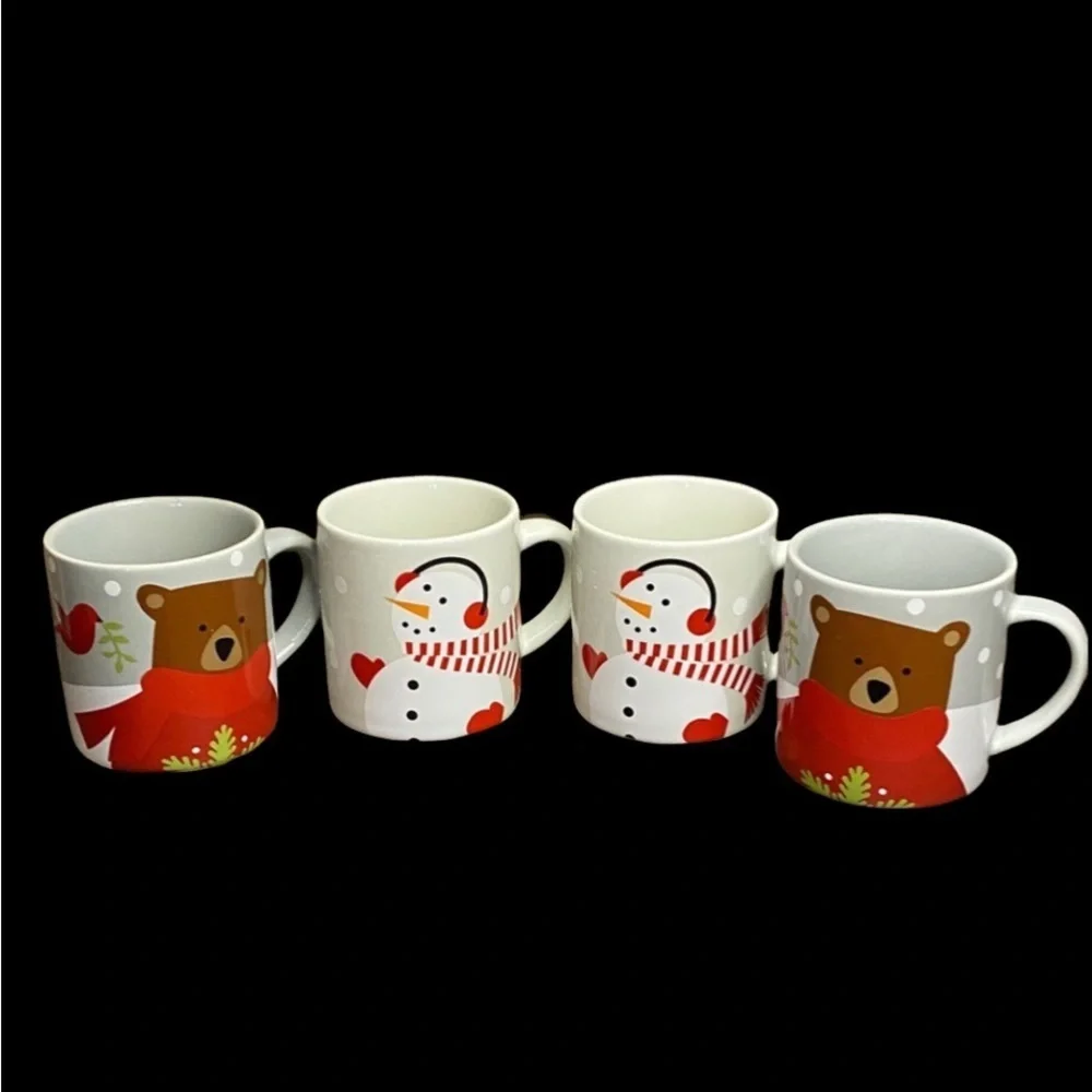 Crate & Barrell Festive Bear and Snowman Mug Set. Set of 4. Small. 8 ounce.